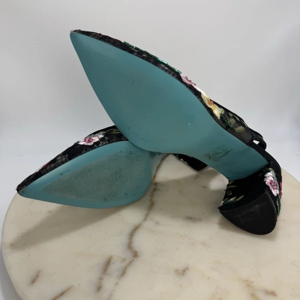Betsey Johnson Black SB-Lira Women's Embroidered Beaded Size 9.5M Slingback Pump